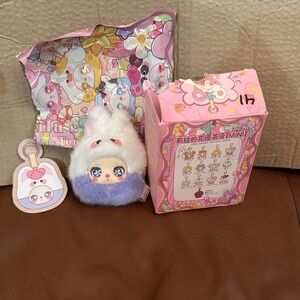 Fluffy Purple and White Stuffed Animal Bag Charm or Keychain.